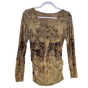 Daytrip Womens Medium Gold Brown Burnout Velvet Damask Ruched V-Neck Top SC 173